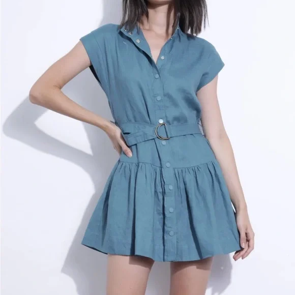 Karina Grimaldi Zelie Solid Mini Dress Element Blue Denim Button Drop Waist XS - Picture 3 of 13